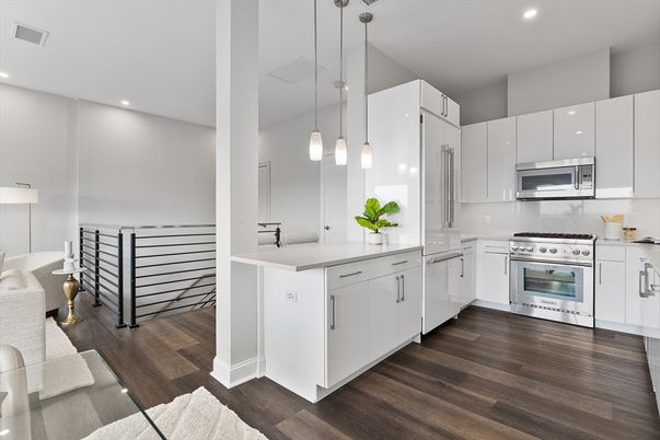 Interior, Kitchen, Pendant Lights, Recessed Lighting, Stainless Steel Appliances, Wood Texture Flooring