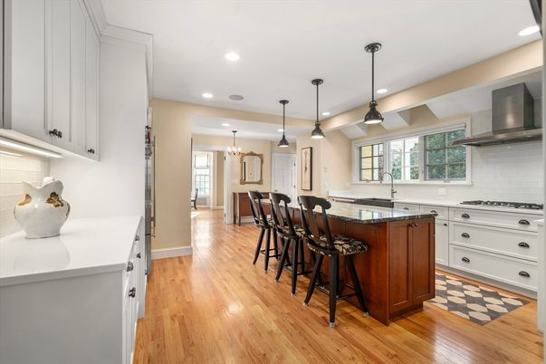 Chandelier, Interior, Kitchen, Pendant Lights, Recessed Lighting, Stainless Steel Appliances, Wood Texture Flooring