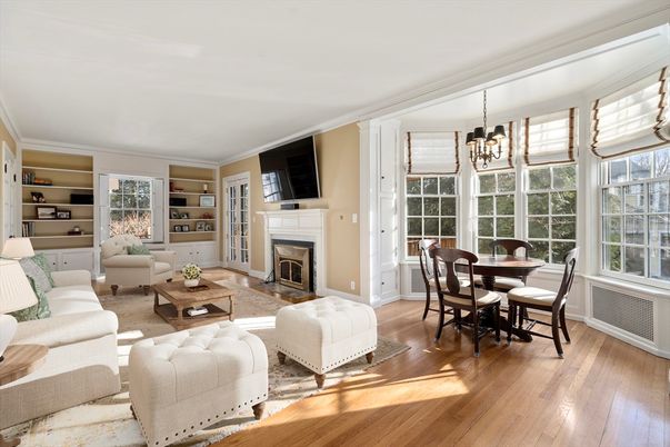 Dining room, Fireplace, Interior, Living room, Pendant Lights, Wood Texture Flooring