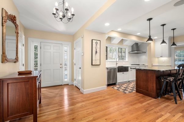 Chandelier, Interior, Kitchen, Pendant Lights, Recessed Lighting, Stainless Steel Appliances, Wood Texture Flooring