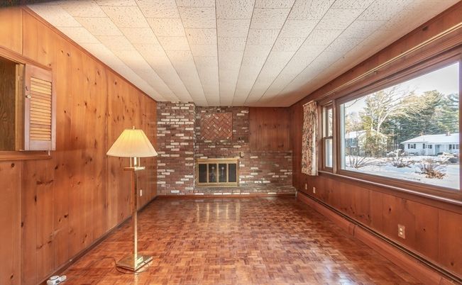 Empty room, Fireplace, Interior, Stone Walls, Wood Texture Flooring, Wooden Walls