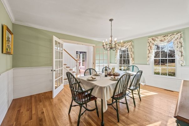 Chandelier, Dining room, Interior, Wood Texture Flooring