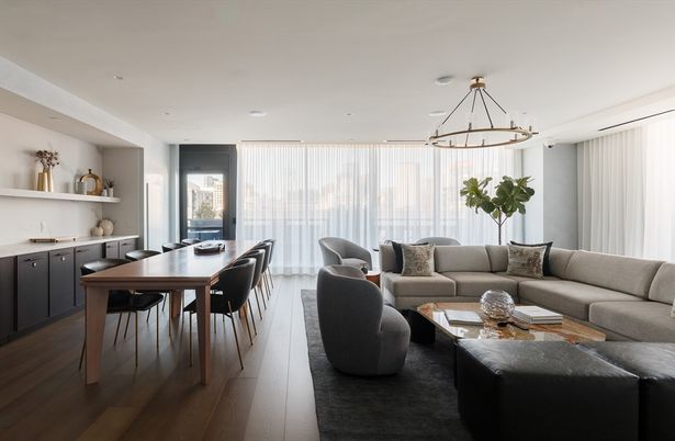 Dining room, Interior, Living room, Pendant Lights, Recessed Lighting, Wood Texture Flooring