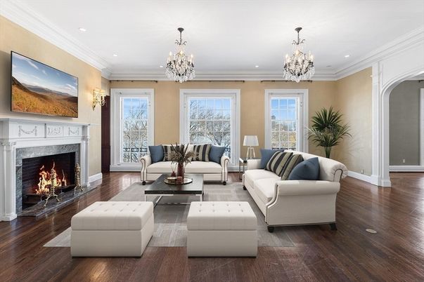 Chandelier, Fireplace, Interior, Living room, Recessed Lighting, Wood Texture Flooring