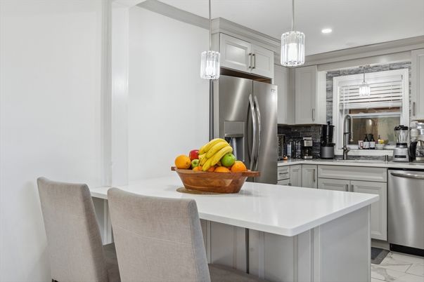 Interior, Kitchen, Marble, Pendant Lights, Recessed Lighting, Stainless Steel Appliances