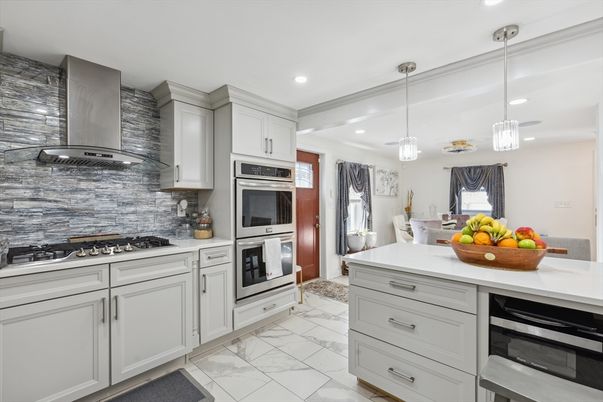 Interior, Kitchen, Marble, Pendant Lights, Recessed Lighting, Stainless Steel Appliances