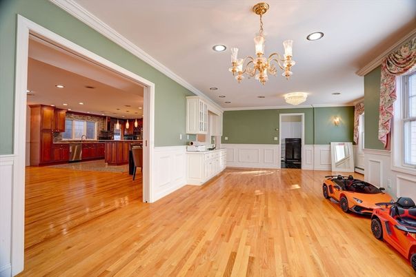 Chandelier, Interior, Kitchen, Recessed Lighting, Wood Texture Flooring
