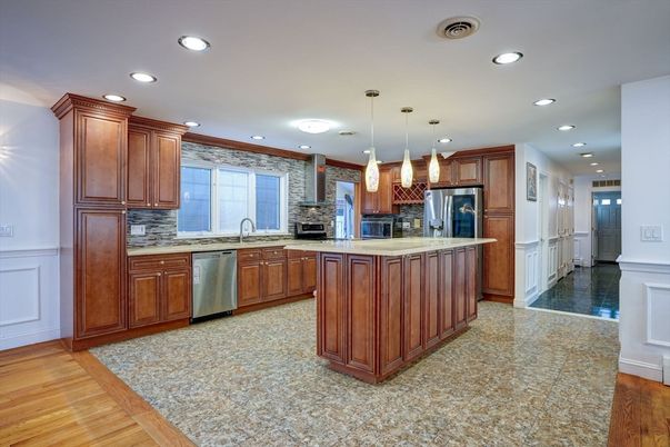 Interior, Kitchen, Pendant Lights, Recessed Lighting, Stainless Steel Appliances, Wood Texture Flooring