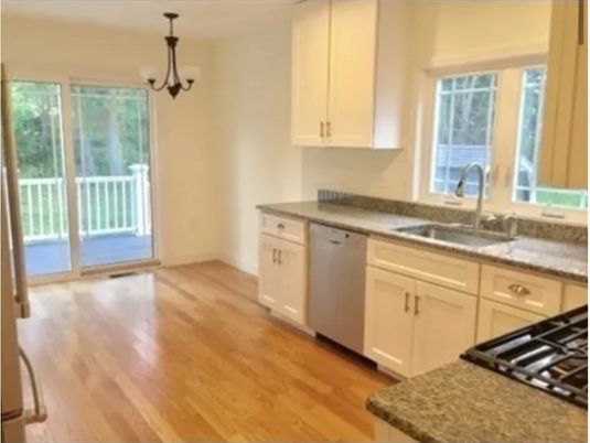 Chandelier, Interior, Kitchen, Pendant Lights, Stainless Steel Appliances, Wood Texture Flooring