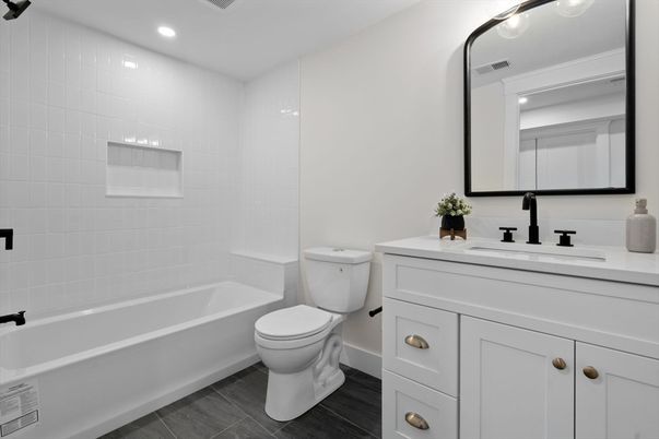 Bathroom, Dual Sink Vanities, Interior, Recessed Lighting, Wood Texture Flooring