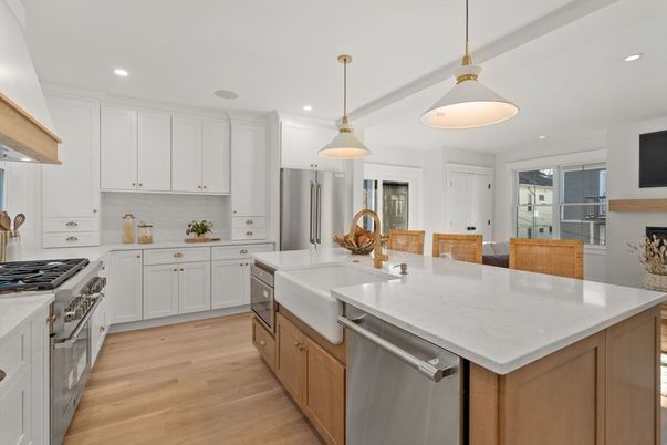 Interior, Kitchen, Pendant Lights, Recessed Lighting, Stainless Steel Appliances, Wood Texture Flooring