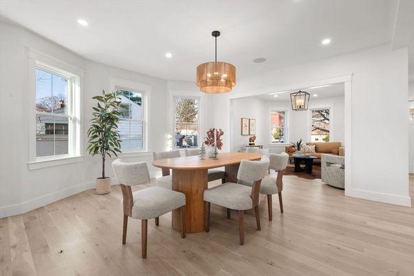 Dining room, Interior, Living room, Pendant Lights, Recessed Lighting, Wood Texture Flooring