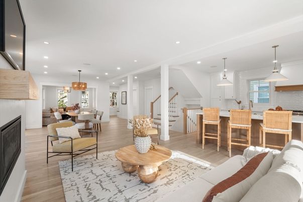 Dining room, Fireplace, Interior, Kitchen, Living room, Pendant Lights, Recessed Lighting, Wood Texture Flooring