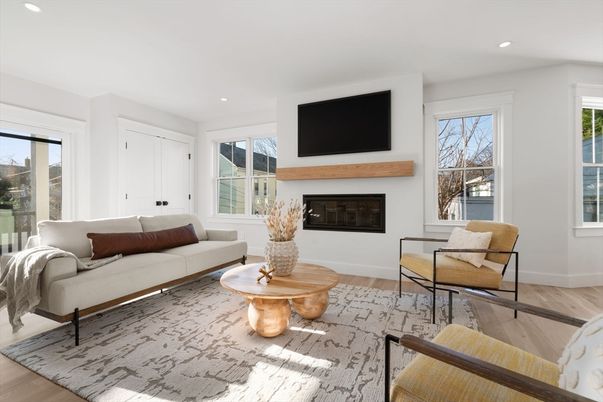 Fireplace, Interior, Living room, Recessed Lighting, Wood Texture Flooring
