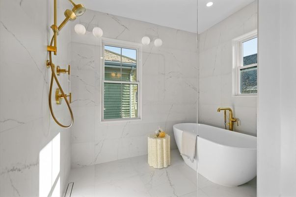 Bathroom, Free Standing Baths, Interior, Marble, Marble Walls, Recessed Lighting