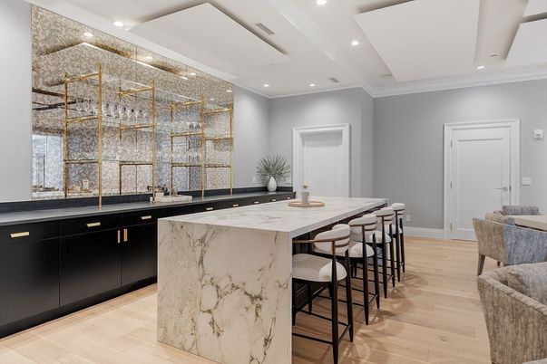 Interior, Kitchen, Marble Walls, Recessed Lighting, Wood Texture Flooring