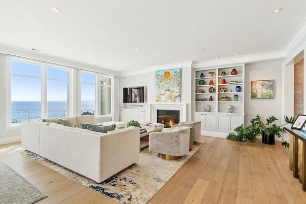 Fireplace, Interior, Living room, Recessed Lighting, Water, Wood Texture Flooring