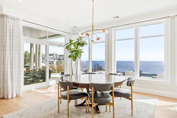 Dining room, Interior, Pendant Lights, Recessed Lighting, Water, Wood Texture Flooring