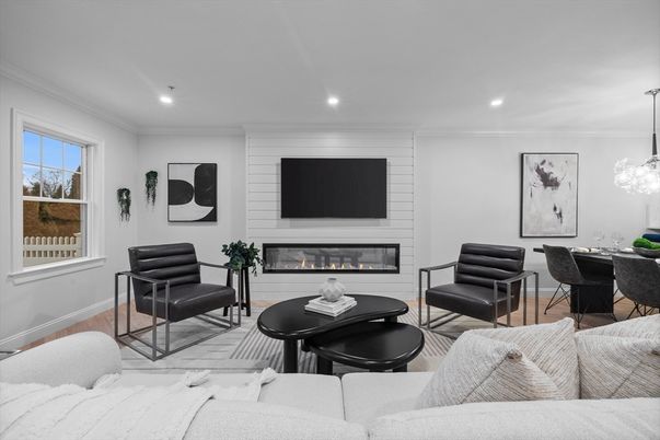 Dining room, Fireplace, Interior, Living room, Pendant Lights, Recessed Lighting, Wood Texture Flooring