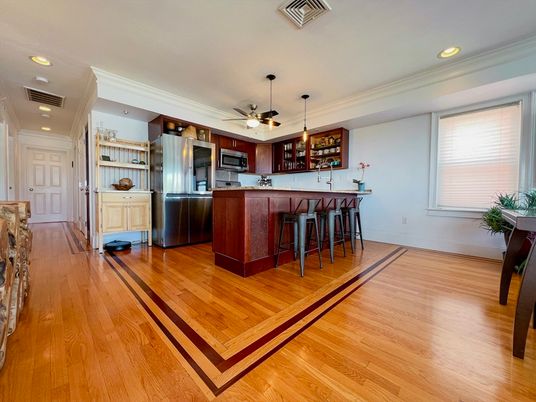 Interior, Kitchen, Pendant Lights, Recessed Lighting, Stainless Steel Appliances, Wood Texture Flooring