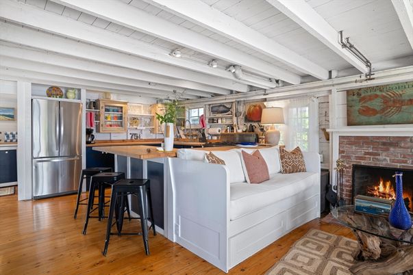 Fireplace, Interior, Kitchen, Living room, Stainless Steel Appliances, Wood Texture Flooring