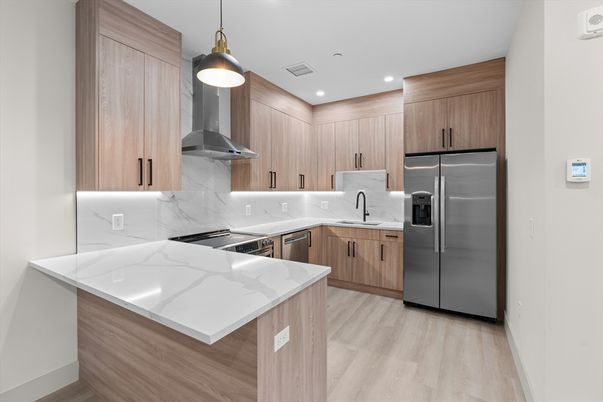 Interior, Kitchen, Pendant Lights, Recessed Lighting, Stainless Steel Appliances, Wood Texture Flooring