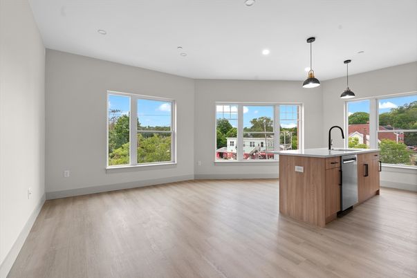 Empty room, Interior, Kitchen, Pendant Lights, Recessed Lighting, Wood Texture Flooring