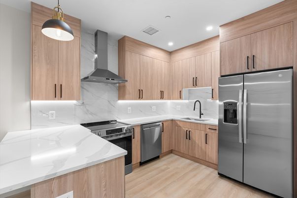 Interior, Kitchen, Pendant Lights, Recessed Lighting, Stainless Steel Appliances, Wood Texture Flooring