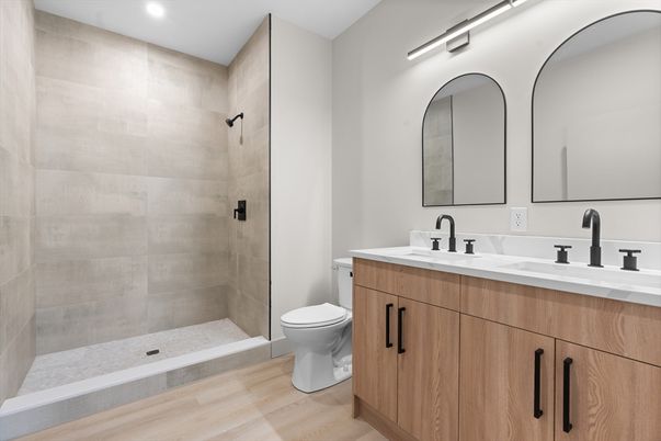 Bathroom, Dual Sink Vanities, Interior, Recessed Lighting, Wood Texture Flooring