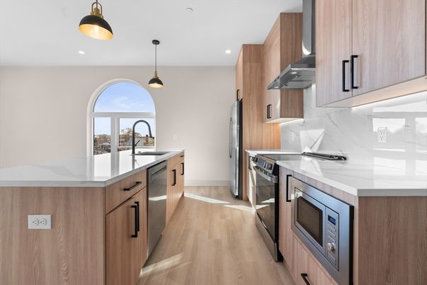 Interior, Kitchen, Pendant Lights, Recessed Lighting, Stainless Steel Appliances, Wood Texture Flooring