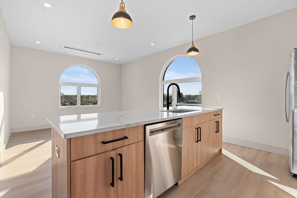 Interior, Kitchen, Pendant Lights, Recessed Lighting, Stainless Steel Appliances, Wood Texture Flooring