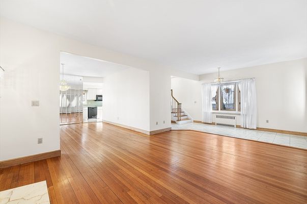 Chandelier, Empty room, Interior, Kitchen, Pendant Lights, Wood Texture Flooring