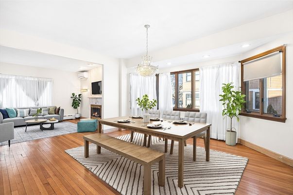 Chandelier, Dining room, Fireplace, Interior, Living room, Recessed Lighting, Wood Texture Flooring