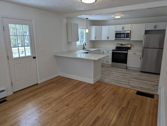 Interior, Kitchen, Pendant Lights, Stainless Steel Appliances, Wood Texture Flooring