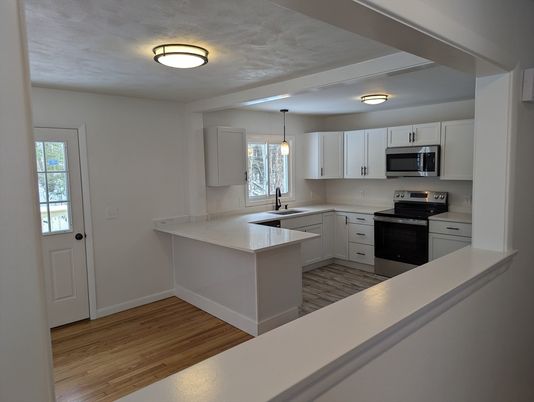 Interior, Kitchen, Pendant Lights, Stainless Steel Appliances, Wood Texture Flooring