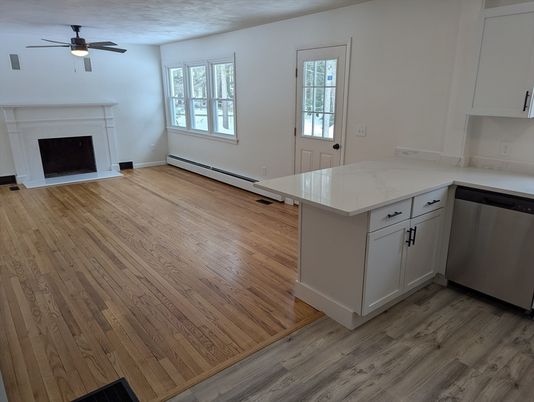 Empty room, Fireplace, Interior, Kitchen, Wood Texture Flooring