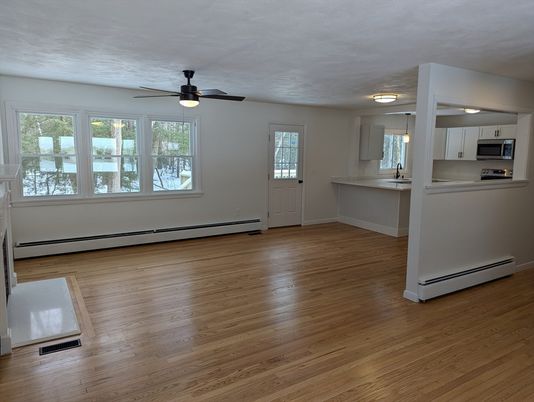 Empty room, Interior, Kitchen, Stainless Steel Appliances, Wood Texture Flooring
