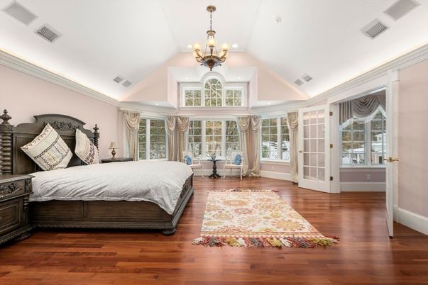 Bedroom, Chandelier, Interior, Recessed Lighting, Wood Texture Flooring
