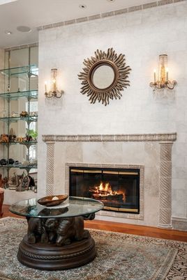 Fireplace, Interior, Recessed Lighting, Stone Walls