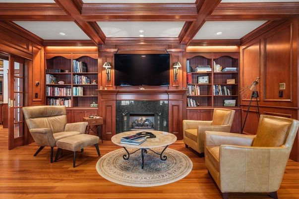 Fireplace, Interior, Living room, Recessed Lighting, Wooden Beams, Wood Texture Flooring, Wooden Walls