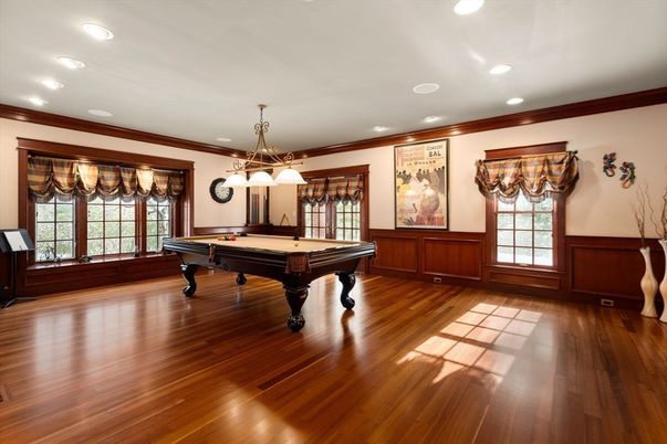 Billiard Table, Game Room, Interior, Pendant Lights, Recessed Lighting, Wood Texture Flooring