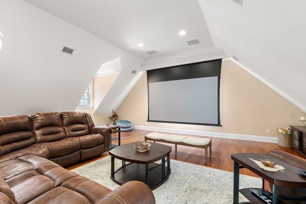 Interior, Living room, Projection Screen, Recessed Lighting, Theatre Room, Wood Texture Flooring