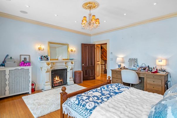 Bedroom, Chandelier, Fireplace, Home Office, Interior, Recessed Lighting, Wood Texture Flooring