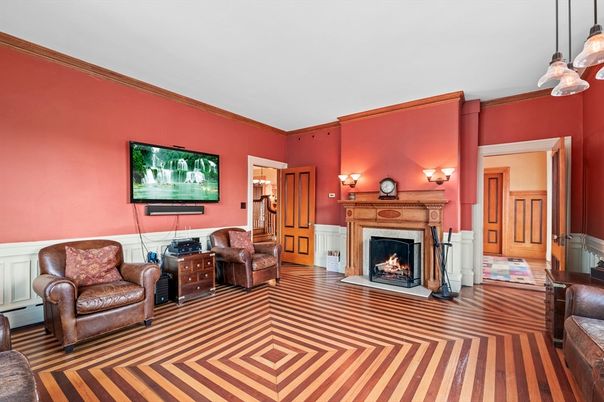 Fireplace, Interior, Pendant Lights, Wood Texture Flooring