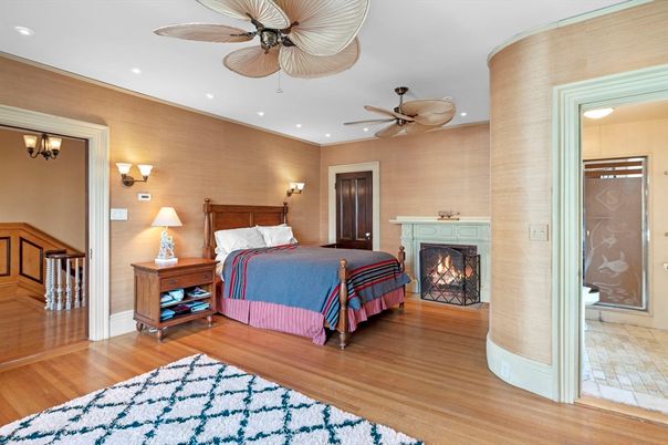 Bedroom, Fireplace, Interior, Recessed Lighting, Wood Texture Flooring