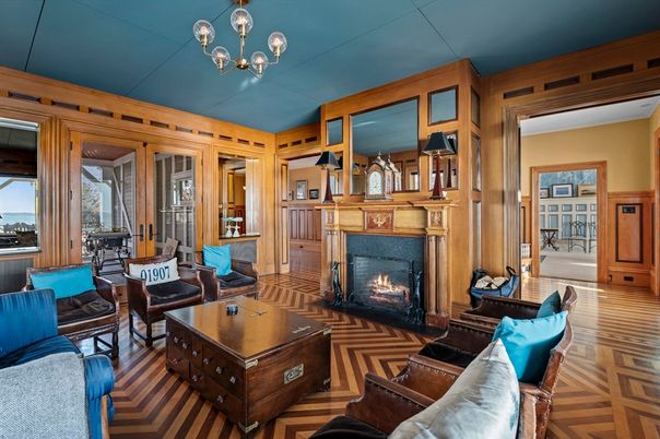Fireplace, Interior, Living room, Pendant Lights, Wood Texture Flooring, Wooden Walls