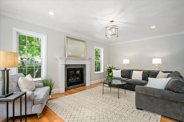Fireplace, Interior, Living room, Pendant Lights, Recessed Lighting, Wood Texture Flooring