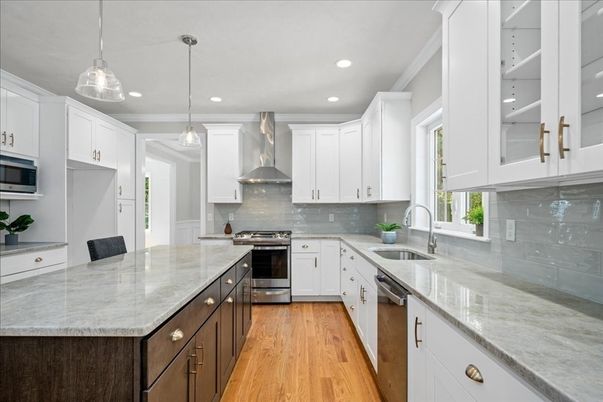 Interior, Kitchen, Pendant Lights, Recessed Lighting, Stainless Steel Appliances, Wood Texture Flooring