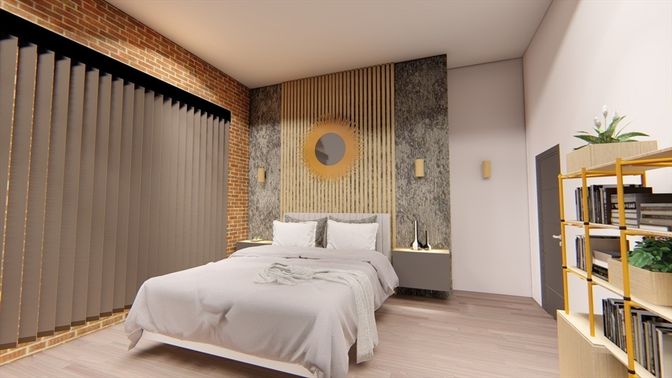 Bedroom, Interior, Stone Walls, Wood Texture Flooring