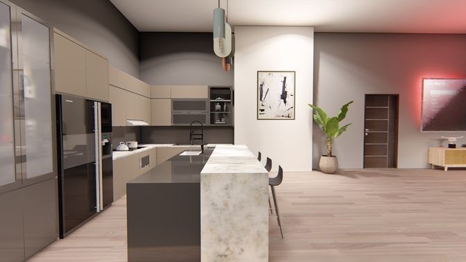 Interior, Kitchen, Pendant Lights, Stainless Steel Appliances, Wood Texture Flooring
